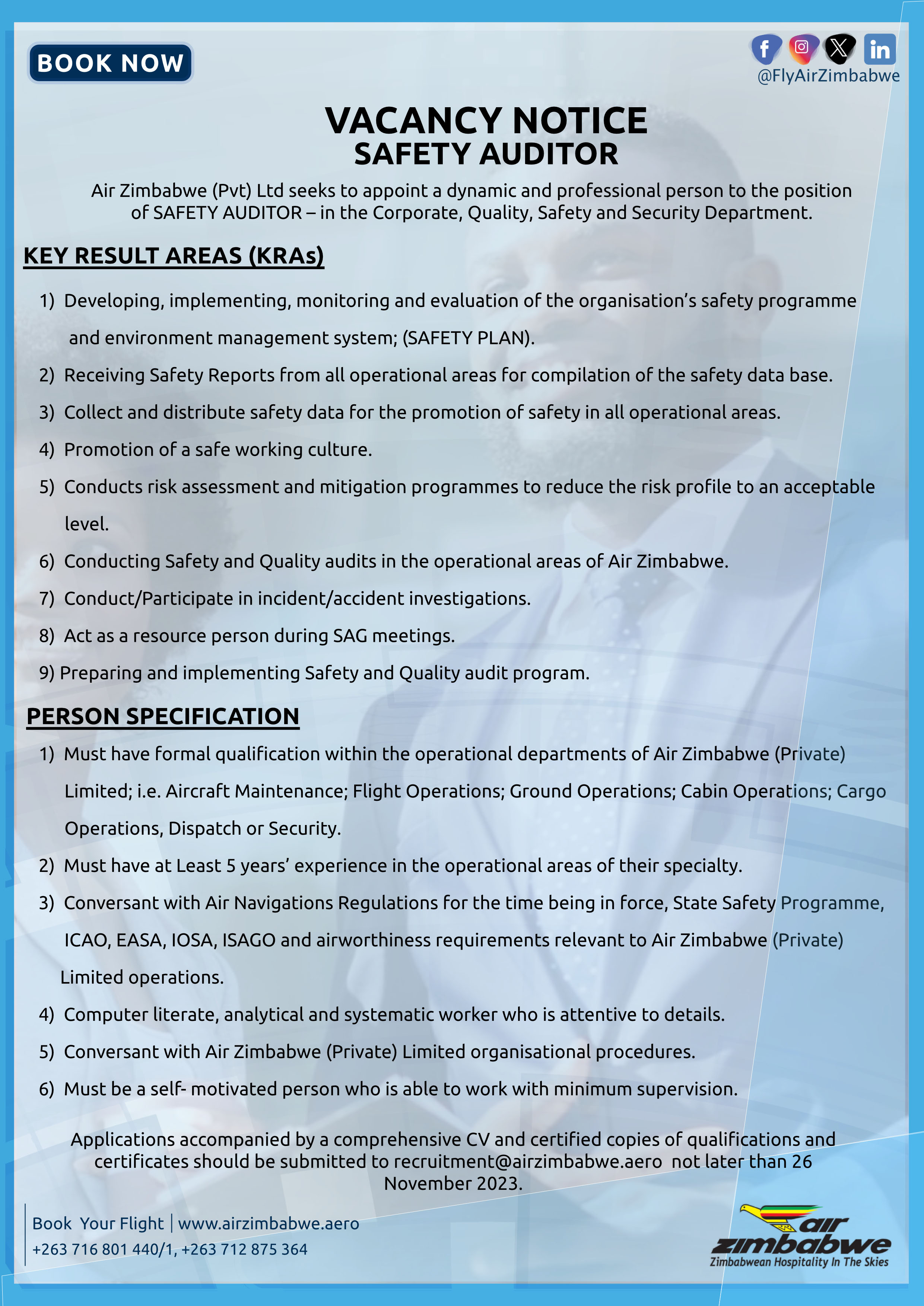 Safety Auditor Air Zimbabwe Zimbabwean Hospitality in the Skies